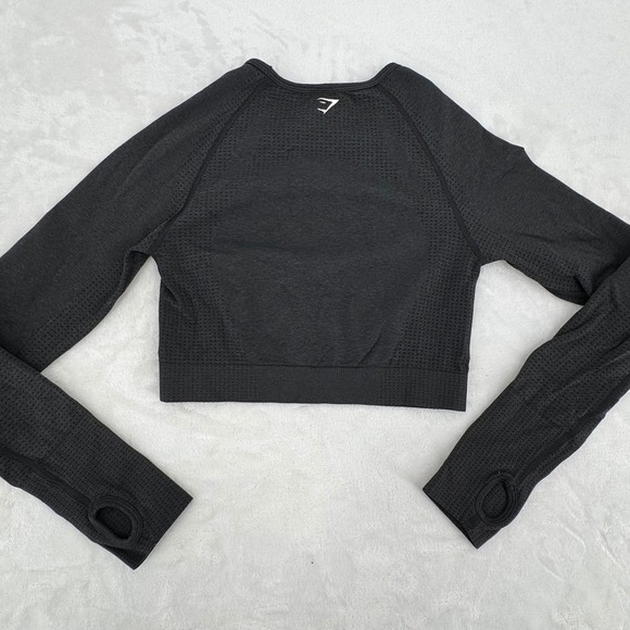 Gymshark Vital Seamless 2.0 Long Sleeve Athletic Crop Top Black Marl Womens Med - Picture 3 of 7